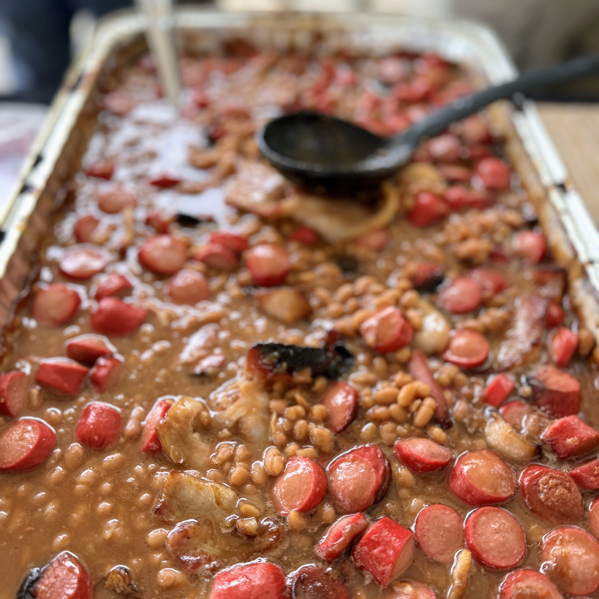 Bright Leaf Barbecue Baked Beans with Hot Dogs and Bacon