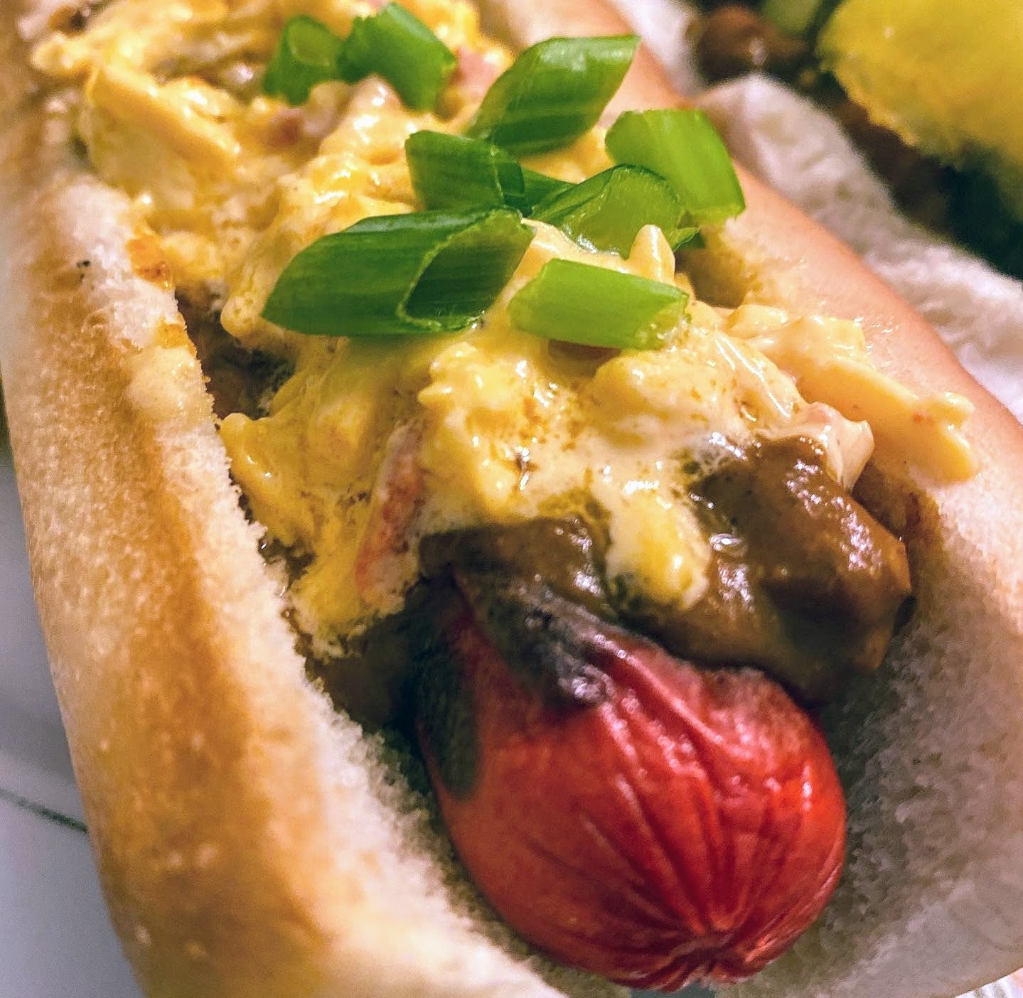Bright Leaf Hot Dogs with Chili, Pimento Cheese and Green Onions