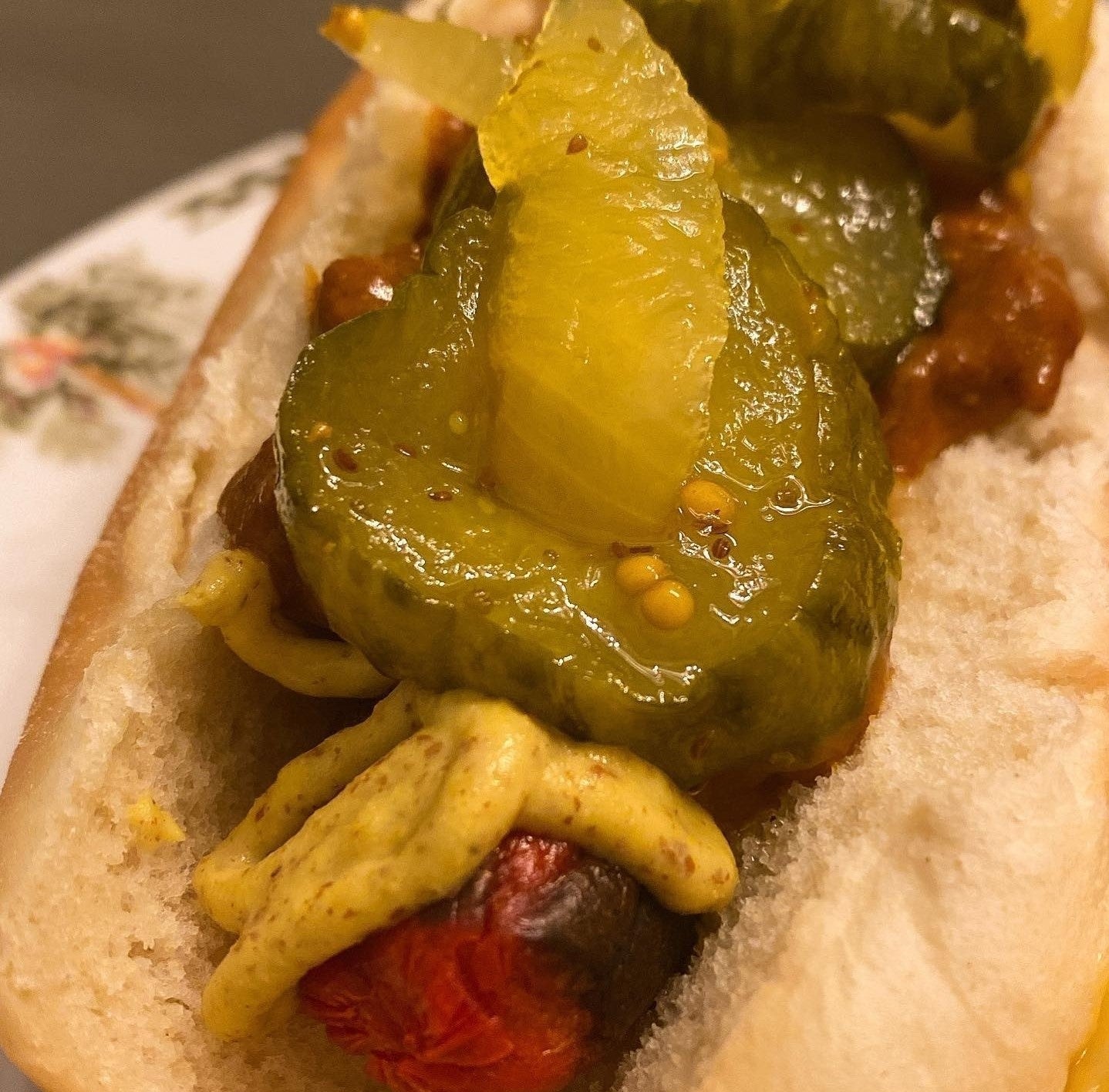 Bright Leaf Hot Dogs with Spicy Brown Mustard, Chili and Pickles