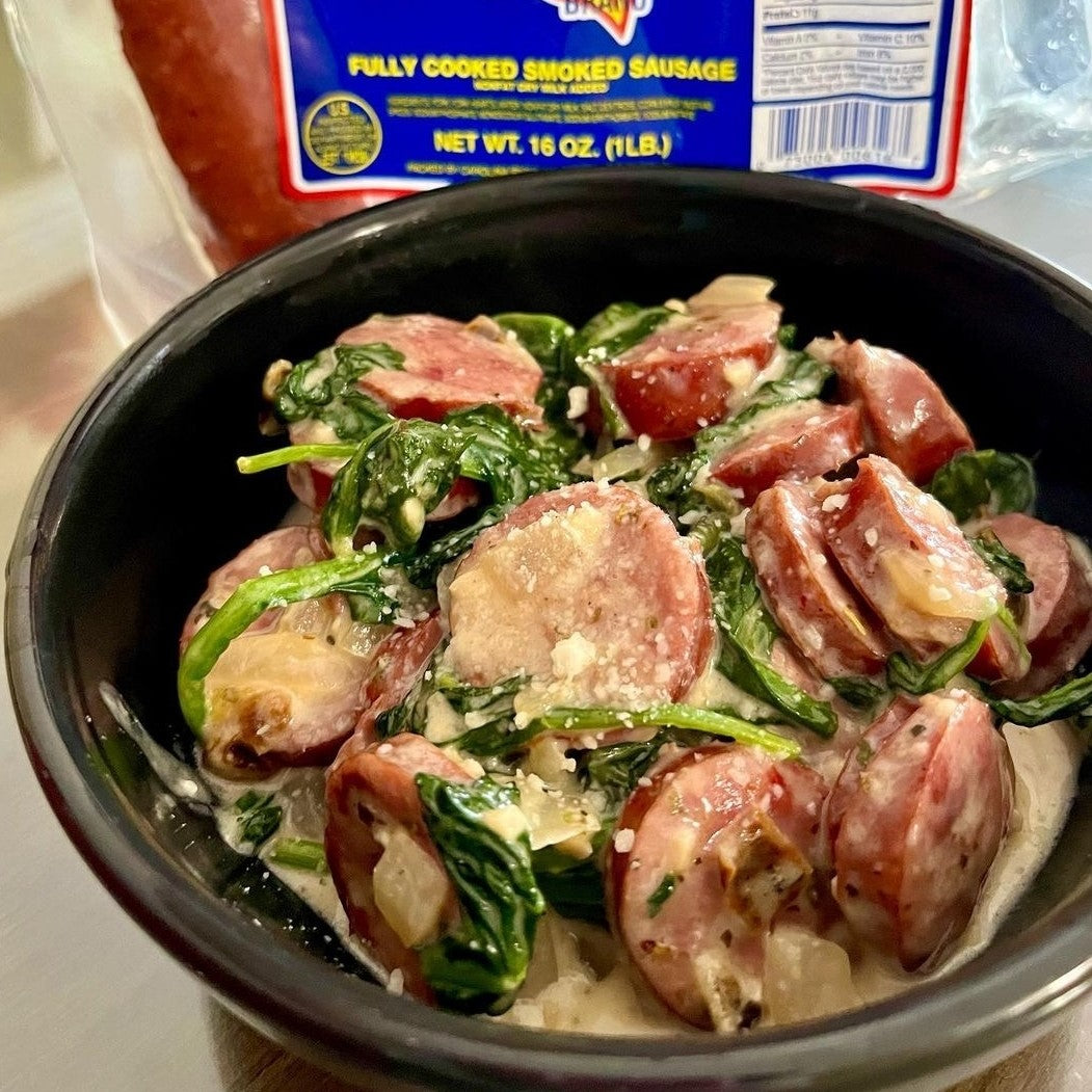 Bright Leaf Cheesy Smoked Sausage Spinach Skillet