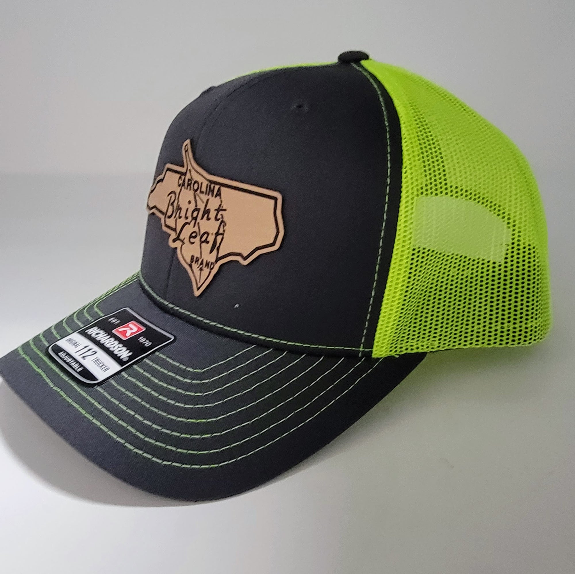 Bright Leaf Hats: Leather Patch - Charcoal / Neon Green Hat