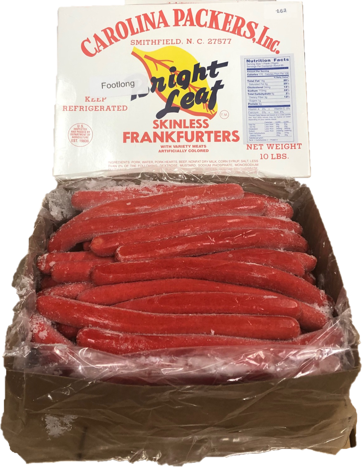 Bermad År Selskabelig Bright Leaf Footlong Franks for Restaurants (10 lbs) | Carolina Packers Inc  - Bright Leaf Hotdogs